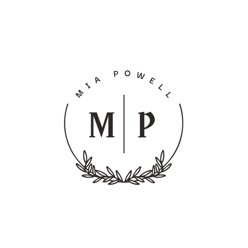 Mia Powell's logo: her name is curved over her initials with a floral filigree curved at the bottom like a circle